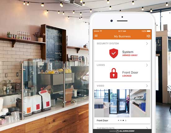 csi-wireless-automation a photo of a business and an iphone wireless receiving an alarm.